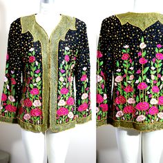 "A true one of a kind beauty! This is one embellished jacket, with embroidery, beads and sequins and it is 100% silk..absolutely stunning in every way!! Excellent condition Measuring: 24\" length 42\" wide Sleeves: 24\" Pet Free/smoke free Enjoy!" Embroidered Silk Evening Outerwear, Silk Sequined Long Sleeve Outerwear, Embellished Long Sleeve Silk Outerwear, Jacket With Embroidery, Embroidery Beads, Beaded Jacket, Embellished Jacket, Old Dresses, Cotton Dress Summer