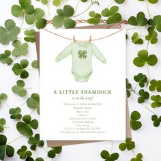 St. Patrick's baby shower theme featuring vintage inspired illustration of a green shamrock baby bodysuit hanging from clothesline. Baby Shower Themes March, March Baby Shower Themes, Green Baby Shower Ideas, Inspired Illustration, Green Baby Shower