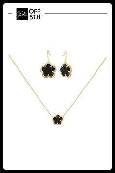 From The Flower Collection. Glamorous 14k Goldplated Drop Earrings And Pendant Necklace Set Adorned With Onyx Stones. Onyx. 14k Gold-Plated Brass. Imported. Drop Earrings Hoop Back Drop, About 1.02 Width, About 0.5 Pendant Necklace Lobster Clasp Length, About 16" With 2" Extender Pendant Drop, About 0.5". Center Core - W Jewelry > Saks Off 5th. Jankuo. Gold Plated Flower Shaped Jewelry With Matching Earrings, Elegant 14k Gold Jewelry With Black Enamel, Luxury Black Jewelry, Formal Pierced Flower Shaped Jewelry, Formal Pierced Flower-shaped Jewelry, Formal Flower-shaped Pierced Jewelry, Gold Jewelry With Black Enamel For Anniversary, Gold Plated Flower Shaped Fine Jewelry, Gold Plated Black Jewelry For Gift