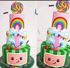 two cakes with different designs on them and one has a rainbow cake in the middle