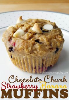 chocolate chunk strawberry banana muffins on a white plate with the title above it