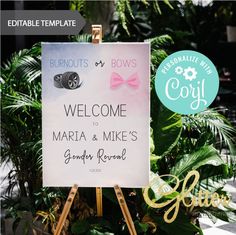 a welcome sign for the bride and groom to arrive at their wedding ceremony in front of some tropical plants