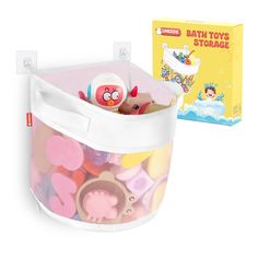 a bath toy storage bag filled with toys and a box of play doughnuts