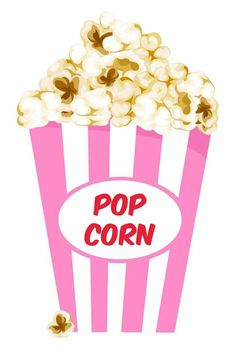 a pink and white striped popcorn box with the word pop corn on it's side