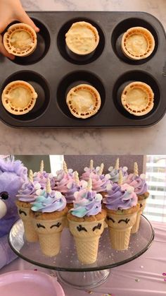 cupcakes with purple frosting and unicorn faces on them