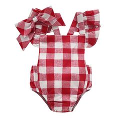 Adorable baby onesie in checkered pattern for newborn, infant & toddler girls. No sleeve onesie with detachable ribbon bow on shoulder. Backless style outfit for warm weather. Snaps along diaper line for easier diaper changing. Made from softest cotton kind to young skin. Clothing is machine wash safe. More sizes are available for this baby clothing set. Plaid Cotton Bubble Romper For Summer, Summer Gingham Cotton Bubble Romper, Summer Cotton Plaid Bubble Romper, Summer Plaid Cotton Bubble Romper, Red Cotton Bodysuit For Summer, Cute Summer Plaid Bubble Romper, Fitted Summer Jumpsuits And Rompers With Bow, Summer Gingham Cotton Jumpsuits And Rompers, Summer Cotton Plaid Jumpsuits And Rompers