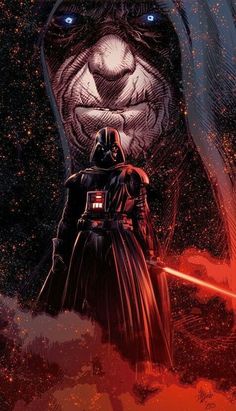 darth vader and his companion sit in front of a star wars scene with red lights