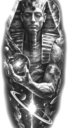 an egyptian tattoo design with the image of pharaoh and planets in black and white ink