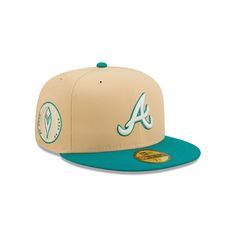 the atlanta braves'new era 59fifty cap is shown in beige and teal