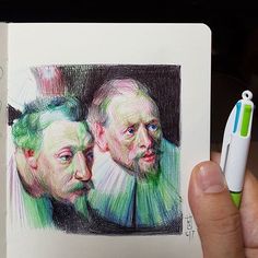 a drawing of two men with green hair and one is holding a pen in his hand