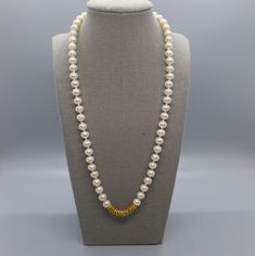 Pearls for girls...and boys.  This strand of 8mm cultured pearls is silk knotted to a length of 20 inches finished with a gold filled lobster claw clasp. At the center of the necklace is one inch of gold vermeil flake beads that accents the luminous white of the pearls.  Most recently I have seen more men on TV (and on my favorite barista) wearing pearls...this sort of beauty should not be limited to just fashionable women. Whoever's neck this graces will find it a classic piece of jewelry to be Pearl Necklace With Gold, Wearing Pearls, White Pearl Necklace, Wedding Jewellery Necklace, One Inch, White Pearl, Wedding Necklace, Cultured Pearls, Lobster Claw