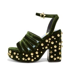 Elevate your style with these Green Velvet Strappy Platform Sandals. Featuring stud embellishments, an open-toe design, and a block heel, these sandals are perfect for making a bold fashion statement. Color: Green Material: Velvet Heel Type: Block heel Heel Height: 5.5" / 140 mm approx Product measurements were taken using size 8. Please note that measurements may vary by size. Toe: Opentoe With platform Studs embellishment Adjustable star buckle ankle strap design Handcrafted US sizing. Fits true to size. Strappy High Heels Sandals, Strappy Platform Sandals, Man Repeller, Ankle Strap Sandals Heels, Ankle Strap High Heels, Velvet Heels, Ankle Strap Shoes, Embellished Sandals, Studded Sandals