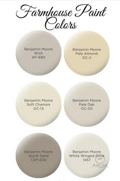 four different shades of white paint with the words, contemporary farmhouse house on each side