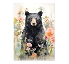 a painting of a black bear surrounded by flowers