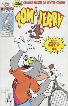 the cover to tom and jerry comic, featuring an angry mouse holding a tennis racket