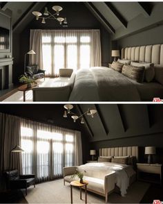 two pictures of a bedroom with dark walls and white bedding, one has a large window