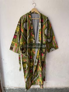 Handmade Winter Unisex Kimono, Cotton Velvet Long Jacket, Ikat Print Robes, Sleepwear, Bathrobes, Christmas Gift,    Please MESSAGE us for CUSTOM ORDERS  Product: 100% Cotton Velvet Kimono Robe with a waist tie & 2 Side Pockets ( INSIDE COTTON LINING ) Measurements :   Length- 52 Inches,  Bust-48 inches ,  Sleeve-14 inches Size: Free Size Robe ( S to XXL )  Cotton kimono robes are perfect for lounging around the home or spa. Versatile, soft and luxurious. Add a luxe, boho feel to your bridal sho Kimono Cotton, Luxe Boho, Velvet Kimono, Printed Robe, Cotton Kimono, Ikat Print, Pajama Robe, Womens Robes, Long Jacket