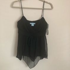 Nwt Black Dressy Top Size Small.Has Adjustable Straps. Silk Lining. Black Sheer Chic Camisole, Chic Black Sheer Camisole, Black Flowy Top For Party, Flowy Black Top For Party, Black Chiffon Top For Night Out, Black Flowy Sleeveless Top, Black Chiffon V-neck Top, Green Cami, Black Cami Top