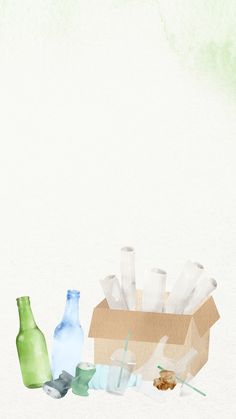 an image of bottles and ice cream in a box on the ground with watercolors