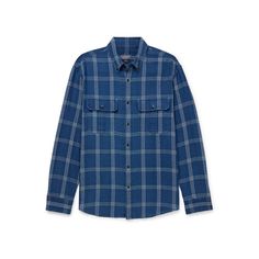 Club Monaco's shirt jacket is made from mid-weight cotton and dyed a rich blue shade using natural indigo. It's woven with contrasting checks and has a neat button-down collar. Medium Wash Cotton Shacket For Work, Blue Relaxed Fit Flannel Shirt With Pockets, Blue Shacket With Patch Pockets And Relaxed Fit, Denim Blue Cotton Shacket For Work, Blue Relaxed Fit Shacket With Patch Pockets, Indigo Shirt With Pockets For Fall, Blue Cotton Shacket With Button Closure, Indigo Cotton Outerwear With Welt Pockets, Casual Blue Shacket With Patch Pockets