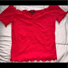 Red Short Sleeve Off-The-Shoulder Shirt. Never Worn! Casual Red Off-shoulder Top, Red Fitted Off-shoulder Top, Red Off-shoulder Tops, Red Off-shoulder Top For Spring, Red Off-shoulder Top For Summer, Red Off-shoulder Blouse For Spring, Shoulder Shirts, Red Shorts, Shirt Color