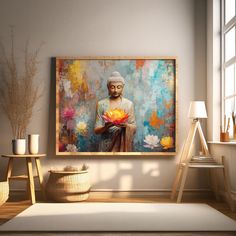 a buddha statue holding a yellow flower in front of a large painting on the wall