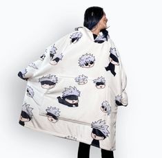 Size: One Size Fits Most White Anime Print Outerwear For Winter, Anime Blanket, Gojo Jujutsu Kaisen, Custom Tank Tops, Oversized Blanket, Custom Aprons, Blanket Hoodie, Hoodie Oversize, Hoodie Blanket