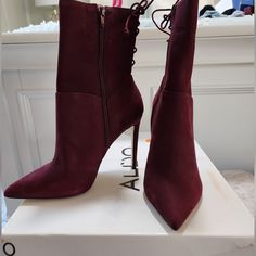 Color Bordeaux Suede, Size 7.5 Never Been Worn Still In Box. Chic Ankle-high Suede Lace-up Boots, Chic Lace-up Suede Booties, Chic Ankle-high Lace-up Boots Medium Width, Chic Lace-up Boots With Wrapped Heel, Black Patent Boots, Brown Suede Ankle Boots, Black Leather Sneakers, Zipper Heels, Black Suede Booties