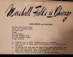 a piece of paper with writing on it that says marshall fields is chicago written in black ink