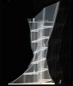 an image of a building that is made out of white lines and black background with the light coming through it