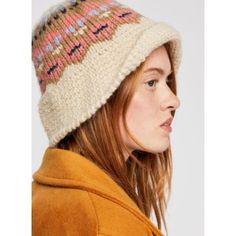 Natural Color. No Flaws. New With Partial Marshall's Tag. Retro Style Knit Bucket Hat Featured In A Soft, Unstructured Style With A Woven Fairisle Design. Unlined Foldable Brim Flared Brim Beige Hand Knitted Winter Hat, Beige Hand Knitted Hats For Fall, Hand Knitted Beige Hat For Fall, Cozy Beige Crochet Hat For Fall, Fall Hand Knitted Beige Hat, Warm Beige Crochet Hat For Fall, Warm Beige Crochet Hat For Cold Weather, Beige Crochet Hat For Fall Cold Weather, Cream Bohemian Winter Hat