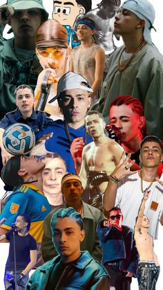 the collage shows many different people in various outfits and colors, with one man holding a soccer ball