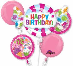 happy birthday balloon bouquet with pink and white balloons