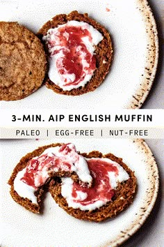 three mini english muffins on a plate with cream cheese and strawberry jam in the middle