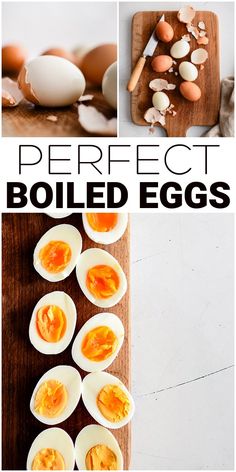 an image of boiled eggs on a cutting board with the words perfect boiled eggs above it