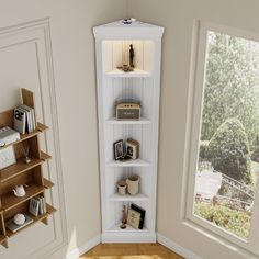 a corner bookcase in the corner of a room