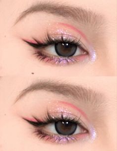 Pink Light Makeup Looks, Jungkook Stage Outfit, Korean Eyeshadow Looks, Epicanthic Fold Makeup, Nezuko Makeup, Unique Eyeliner Looks, Cutesy Makeup, Barbie Makeup Look, Pink Floral Makeup