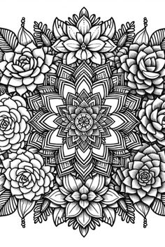 a black and white drawing of flowers with leaves on the bottom, surrounded by smaller ones