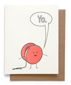 a greeting card with an image of a red ball and speech bubble saying, yo