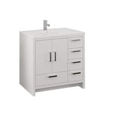 a white bathroom vanity with two drawers and a faucet on the sink side