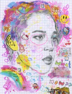 a drawing of a woman's face with many stickers on it