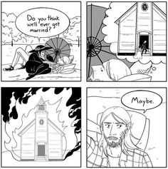 a comic strip with an image of a man on fire