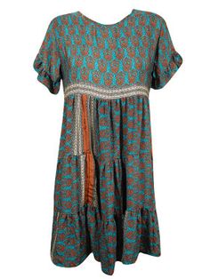 Women Summer Short Dress, Blue-brown Loose Boho Shift Dresses Blue Boho Casual Dress For Vacation, Casual Blue Boho Dress For Vacation, Blue Boho Sundress For Vacation, Casual Blue Maxi Dress With Boho Print, Blue Boho Print Flowy Beach Dress, Casual Blue Boho Print Beach Dress, Casual Blue Beach Dress With Boho Print, Flowy Blue Boho Print Beach Dress, Blue Boho Print Tunic Dress