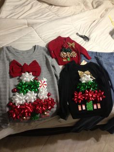 DIY ugly Christmas sweaters using gift bows and double stick tape.