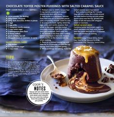 the recipe for chocolate toffee puddings with salted caramel sauce is shown