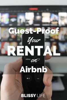 a person holding a remote control in front of a tv with the caption guest - proof your rental on airbn