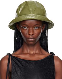 Coated plain-woven bucket hat in green. · Quilted brim · Webbing browband · Jersey lining Supplier color: Olive Green Hat, Unique Hats, Green Hats, Body Poses, Beach Hat, Kendall Jenner, Apparel Accessories, Bucket Hat, Sewing Projects