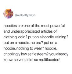 an image of a tweet with the caption'hoodies are one of the most powerful and underappreciated articles of clothing