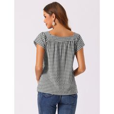 A square neckline, cap sleeves, and ruffle trim add a charming touch to this gingham summer top. Its regular fit and breathable material ensures air circulation, keeping you cool and fresh all day. The feminine and playful silhouette makes it perfect for various occasions, from casual summer outings to work or even a beach vacation in spring, summer, or autumn. This versatile top is suitable for a range of activities including shopping, holidays, beach outings, dates, and everyday wear. Casual Ruffled Top With Square Neck, Casual Cotton Square Neck Blouse, Short Sleeve Ruffled Tops For Picnic, Ruffled Short Sleeve Tops For Picnic, Summer Casual Tops With Grid Pattern, Casual Summer Tops With Grid Pattern, Casual Grid Pattern Tops For Summer, Spring Gingham Top With Square Neck, Gingham Square Neck Top For Spring