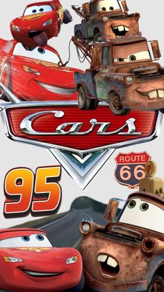 the cars movie poster is shown with characters from disney and pixama on it